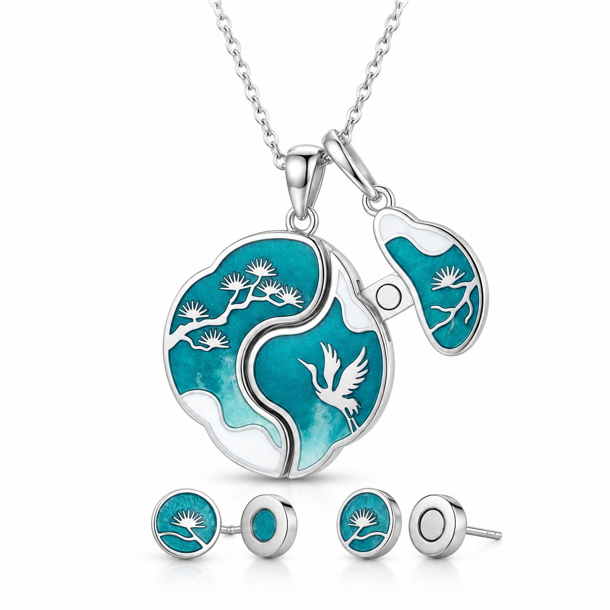 Kuenanm™ Zen Modular Locket Necklace Set, Turquoise Enamel Magnetic Pendant Necklace with Matching Stud Earrings, Silver Tone Crane & Pine Design Jewelry Gift for Women, Everyday Statement Necklace