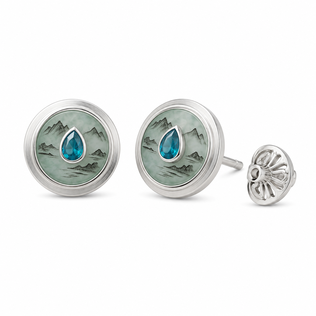 Kuenanm™ Jade & Apatite Secure-Snap Stud Earrings, Silver Tone Art-Inspired Round Earrings, Elegant Everyday Jewelry for Women, Modern Minimalist Gift Earrings