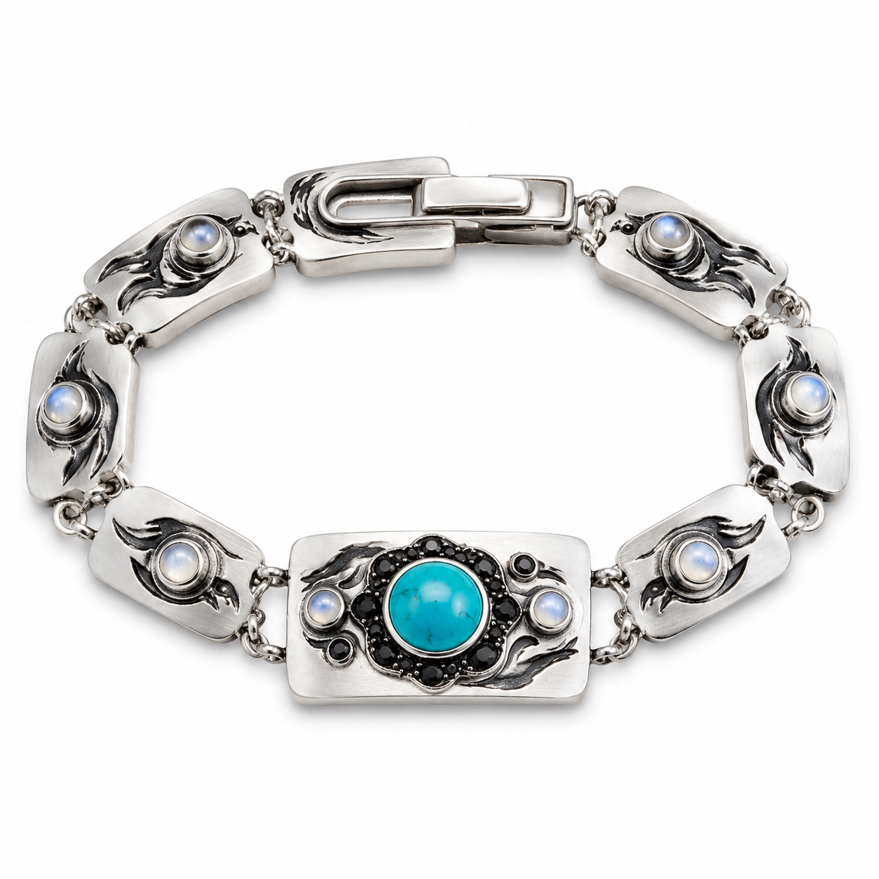 Kuenanm™ Ink-Wash Inspired Silver-Tone Bracelet with Turquoise Center Stone, Single-Hand Clasp, Elegant Bohemian Jewelry for Women, Artistic Everyday Wear, Gift for Her