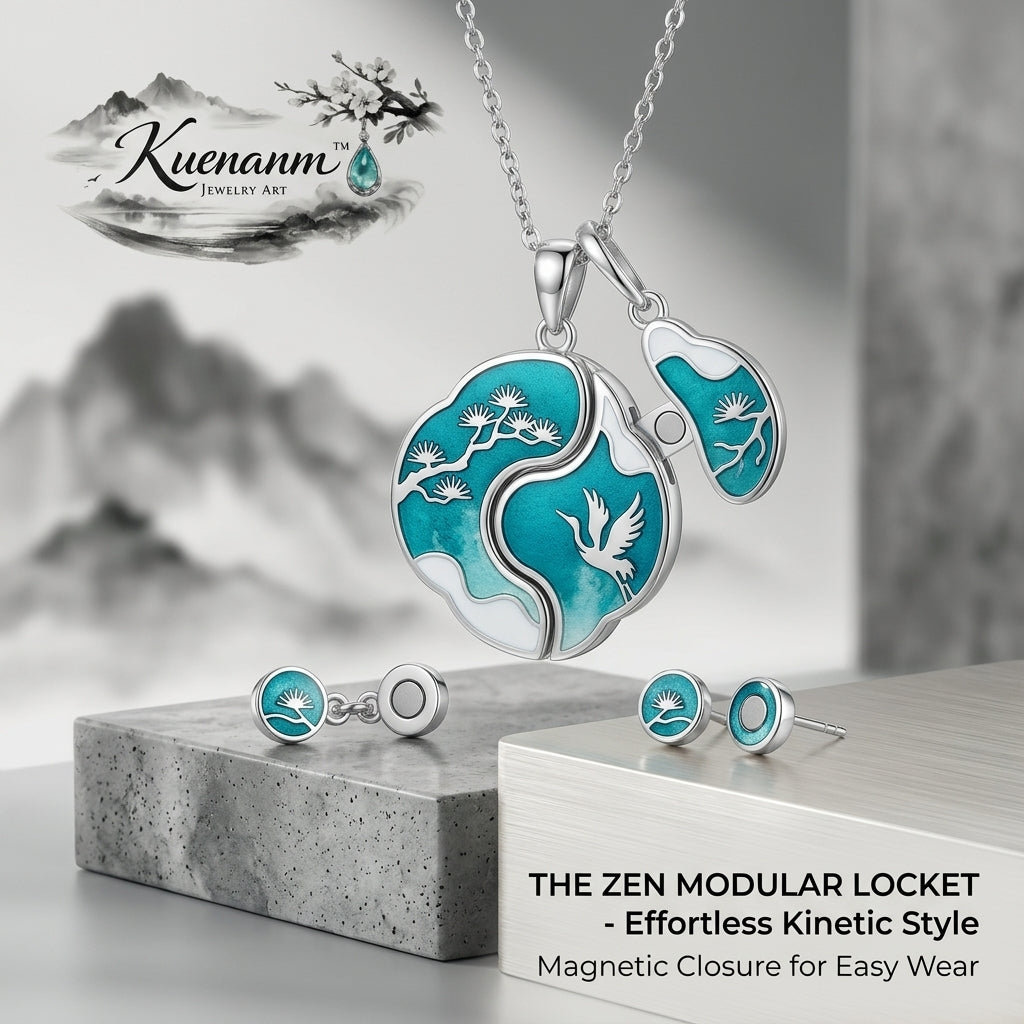 Kuenanm™ Zen Modular Locket Necklace Set, Turquoise Enamel Magnetic Pendant Necklace with Matching Stud Earrings, Silver Tone Crane & Pine Design Jewelry Gift for Women, Everyday Statement Necklace