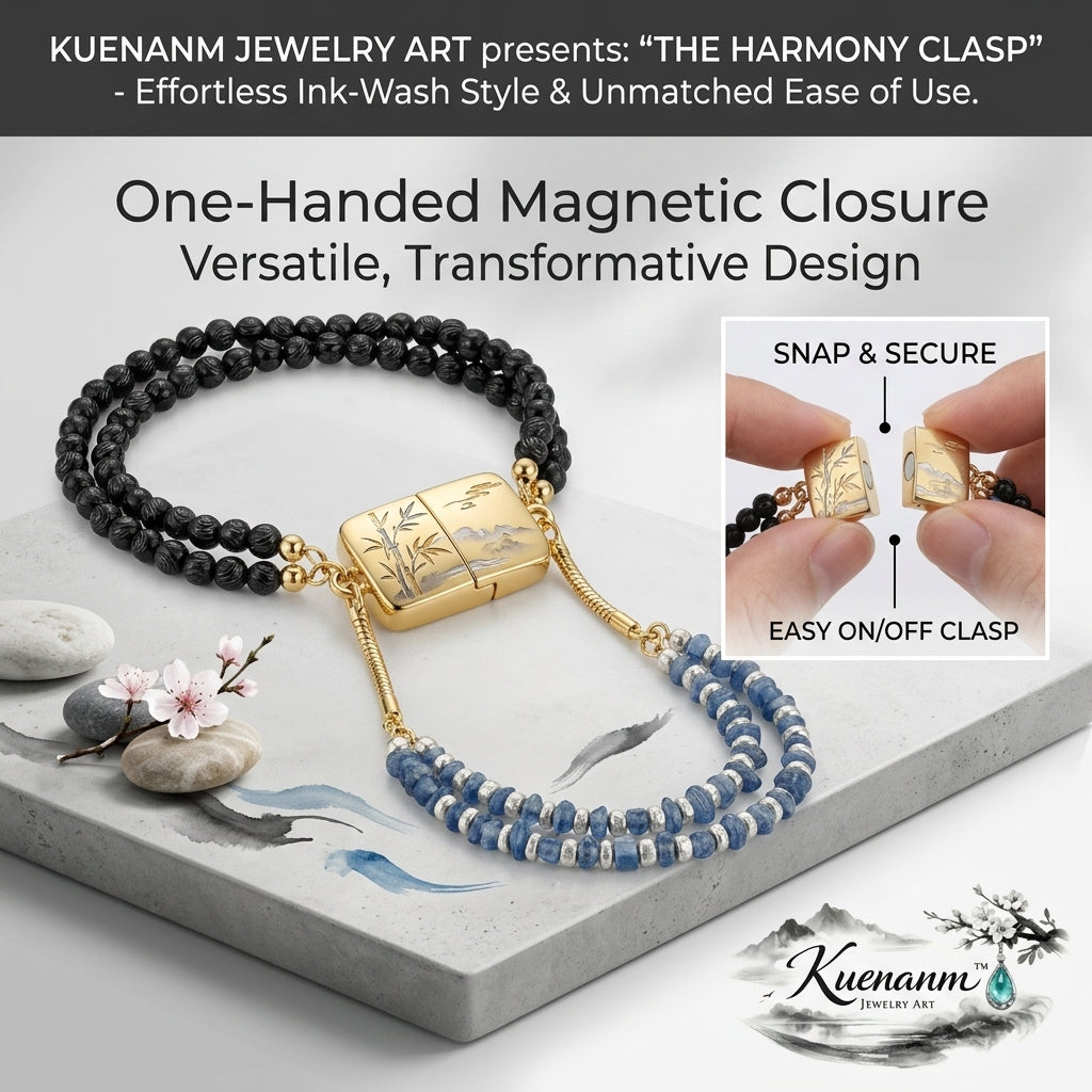 Kuenanm™ Harmony Clasp Magnetic Beaded Bracelet, One-Handed Easy On Off Bracelet for Women, Ink-Wash Style Multi-Strand Jewelry, Black Wood Bead & Blue Stone Bracelet, Secure Magnetic Closure Gift Bracelet