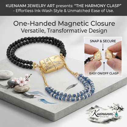 Kuenanm™ Harmony Clasp Magnetic Beaded Bracelet, One-Handed Easy On Off Bracelet for Women, Ink-Wash Style Multi-Strand Jewelry, Black Wood Bead & Blue Stone Bracelet, Secure Magnetic Closure Gift Bracelet
