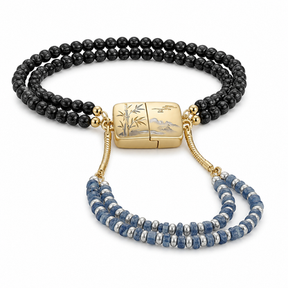 Kuenanm™ Harmony Clasp Magnetic Beaded Bracelet, One-Handed Easy On Off Bracelet for Women, Ink-Wash Style Multi-Strand Jewelry, Black Wood Bead & Blue Stone Bracelet, Secure Magnetic Closure Gift Bracelet