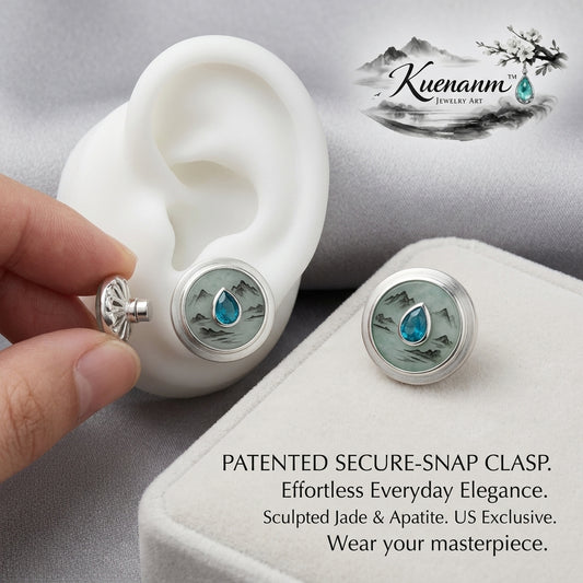 Kuenanm™ Jade & Apatite Secure-Snap Stud Earrings, Silver Tone Art-Inspired Round Earrings, Elegant Everyday Jewelry for Women, Modern Minimalist Gift Earrings