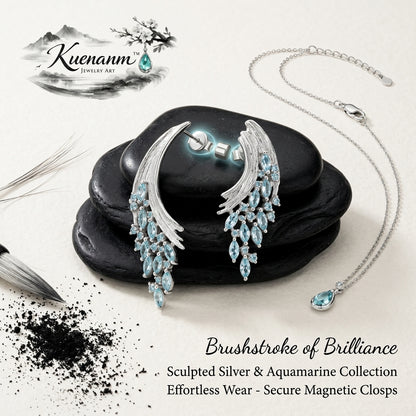 Kuenanm™ Sculpted Silver & Aquamarine Jewelry Set for Women, Statement Drop Earrings and Matching Pendant Necklace, Magnetic Clasp Necklace, Elegant Blue Crystal Jewelry Gift for Wedding, Anniversary, Party, Prom, Mother’s Day