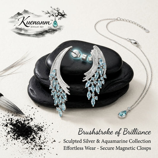 Kuenanm™ Sculpted Silver & Aquamarine Jewelry Set for Women, Statement Drop Earrings and Matching Pendant Necklace, Magnetic Clasp Necklace, Elegant Blue Crystal Jewelry Gift for Wedding, Anniversary, Party, Prom, Mother’s Day