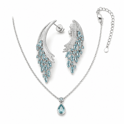 Kuenanm™ Sculpted Silver & Aquamarine Jewelry Set for Women, Statement Drop Earrings and Matching Pendant Necklace, Magnetic Clasp Necklace, Elegant Blue Crystal Jewelry Gift for Wedding, Anniversary, Party, Prom, Mother’s Day
