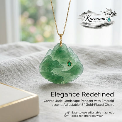 Kuenanm™ Carved Jade Landscape Pendant Necklace, Green Jade-Style Gem Pendant with Emerald Accent, 18" Gold-Plated Adjustable Chain, Magnetic Clasp, Elegant Gift Jewelry