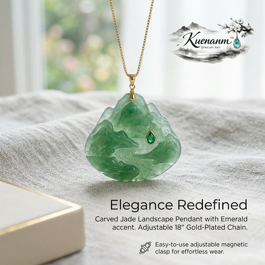Kuenanm™ Carved Jade Landscape Pendant Necklace, Green Jade-Style Gem Pendant with Emerald Accent, 18" Gold-Plated Adjustable Chain, Magnetic Clasp, Elegant Gift Jewelry