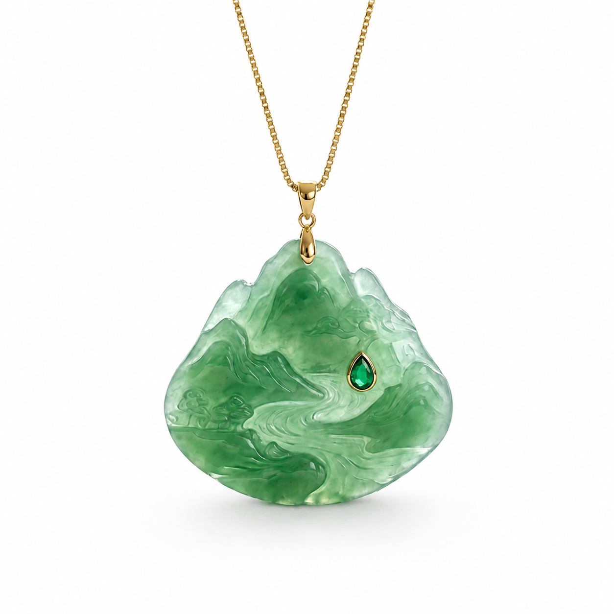 Kuenanm™ Carved Jade Landscape Pendant Necklace, Green Jade-Style Gem Pendant with Emerald Accent, 18" Gold-Plated Adjustable Chain, Magnetic Clasp, Elegant Gift Jewelry
