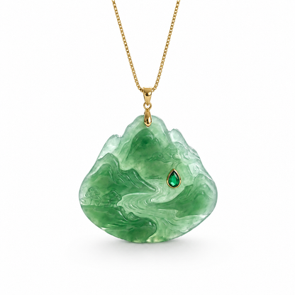 Kuenanm™ Carved Jade Landscape Pendant Necklace, Green Jade-Style Gem Pendant with Emerald Accent, 18" Gold-Plated Adjustable Chain, Magnetic Clasp, Elegant Gift Jewelry