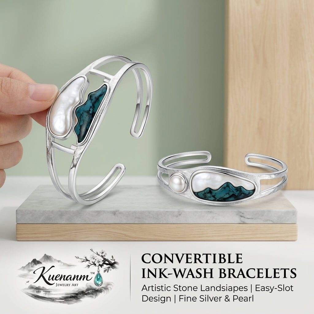 Kuenanm™ Convertible Ink-Wash Bracelet, Adjustable Open Cuff Bangle, Sterling Silver Look Pearl Accent Bracelet, Artistic Landscape Jewelry Gift