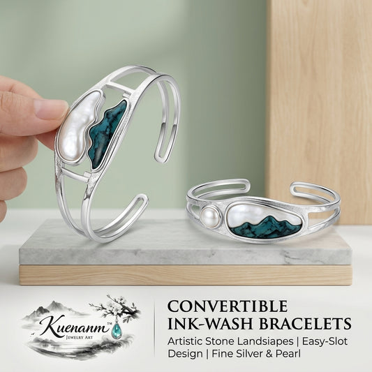 Kuenanm™ Convertible Ink-Wash Bracelet, Adjustable Open Cuff Bangle, Sterling Silver Look Pearl Accent Bracelet, Artistic Landscape Jewelry Gift