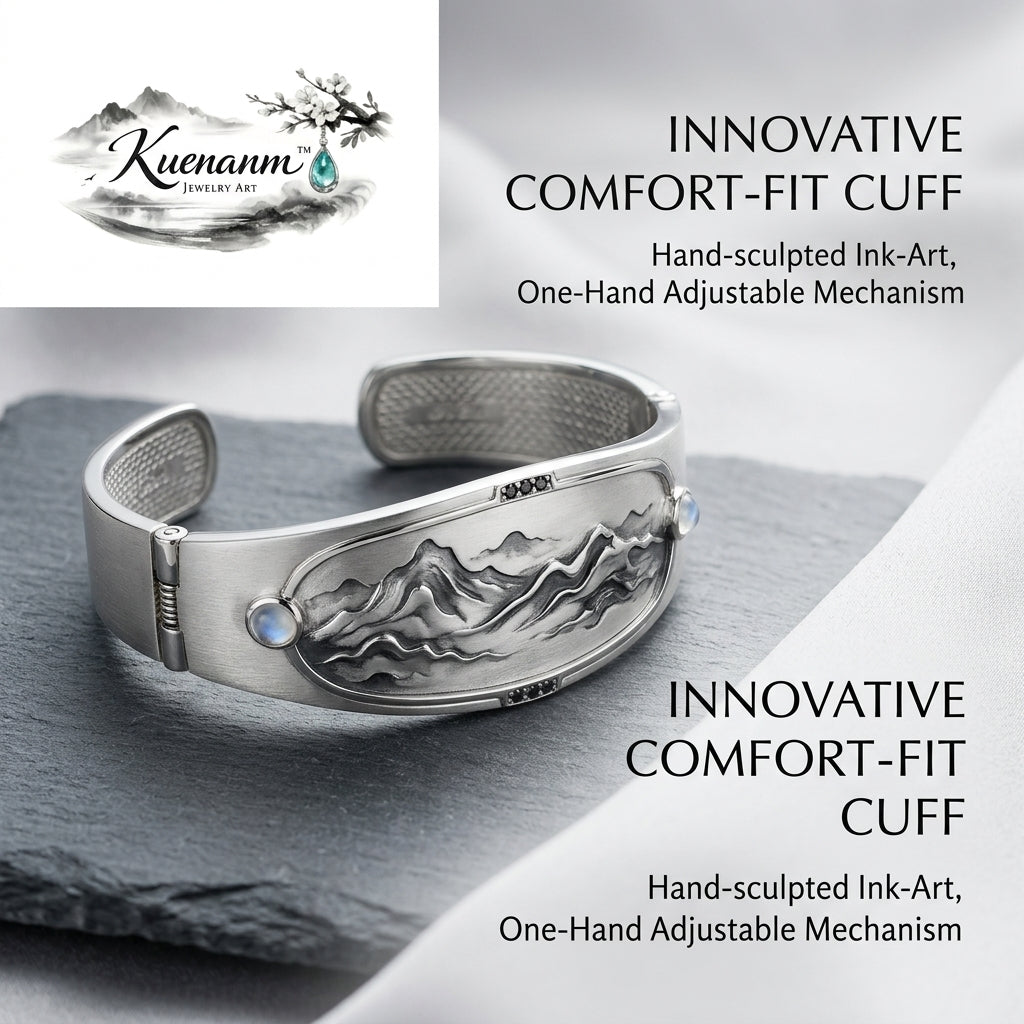 Kuenanm™ Innovative Comfort-Fit Cuff Bracelet for Women and Men, Hand-Sculpted Mountain Ink-Art Open Bangle, Adjustable Silver-Tone Bracelet, Elegant Nature-Inspired Gift Jewelry