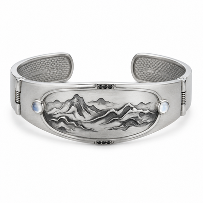 Kuenanm™ Innovative Comfort-Fit Cuff Bracelet for Women and Men, Hand-Sculpted Mountain Ink-Art Open Bangle, Adjustable Silver-Tone Bracelet, Elegant Nature-Inspired Gift Jewelry