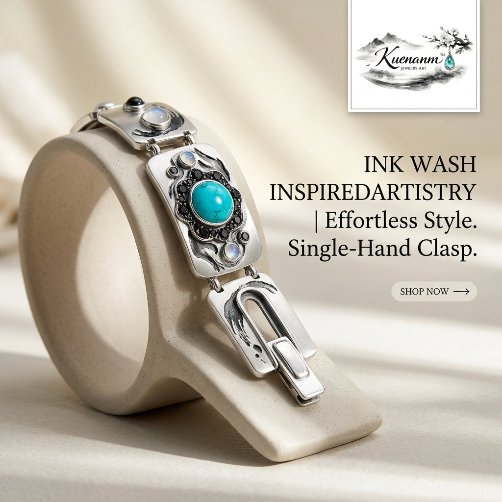 Kuenanm™ Ink-Wash Inspired Silver-Tone Bracelet with Turquoise Center Stone, Single-Hand Clasp, Elegant Bohemian Jewelry for Women, Artistic Everyday Wear, Gift for Her