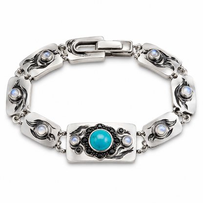 Kuenanm™ Ink-Wash Inspired Silver-Tone Bracelet with Turquoise Center Stone, Single-Hand Clasp, Elegant Bohemian Jewelry for Women, Artistic Everyday Wear, Gift for Her