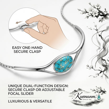 Kuenanm™ Elegant Turquoise Floral Pendant Necklace for Women, Silver-Tone Adjustable Lariat Necklace, Secure One-Hand Clasp Jewelry Gift